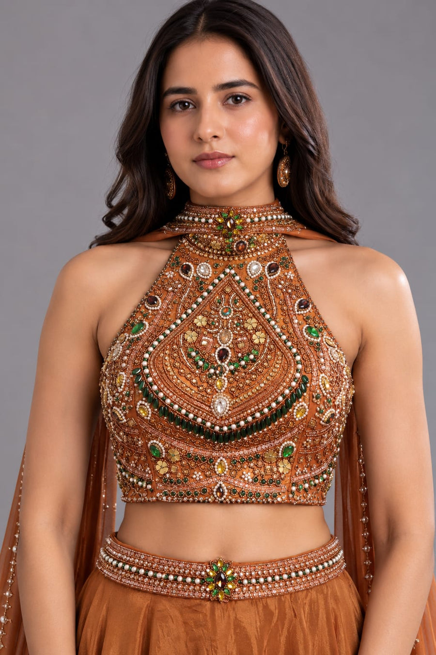 rust Embellished Lehenga Set with Cape Dupatta