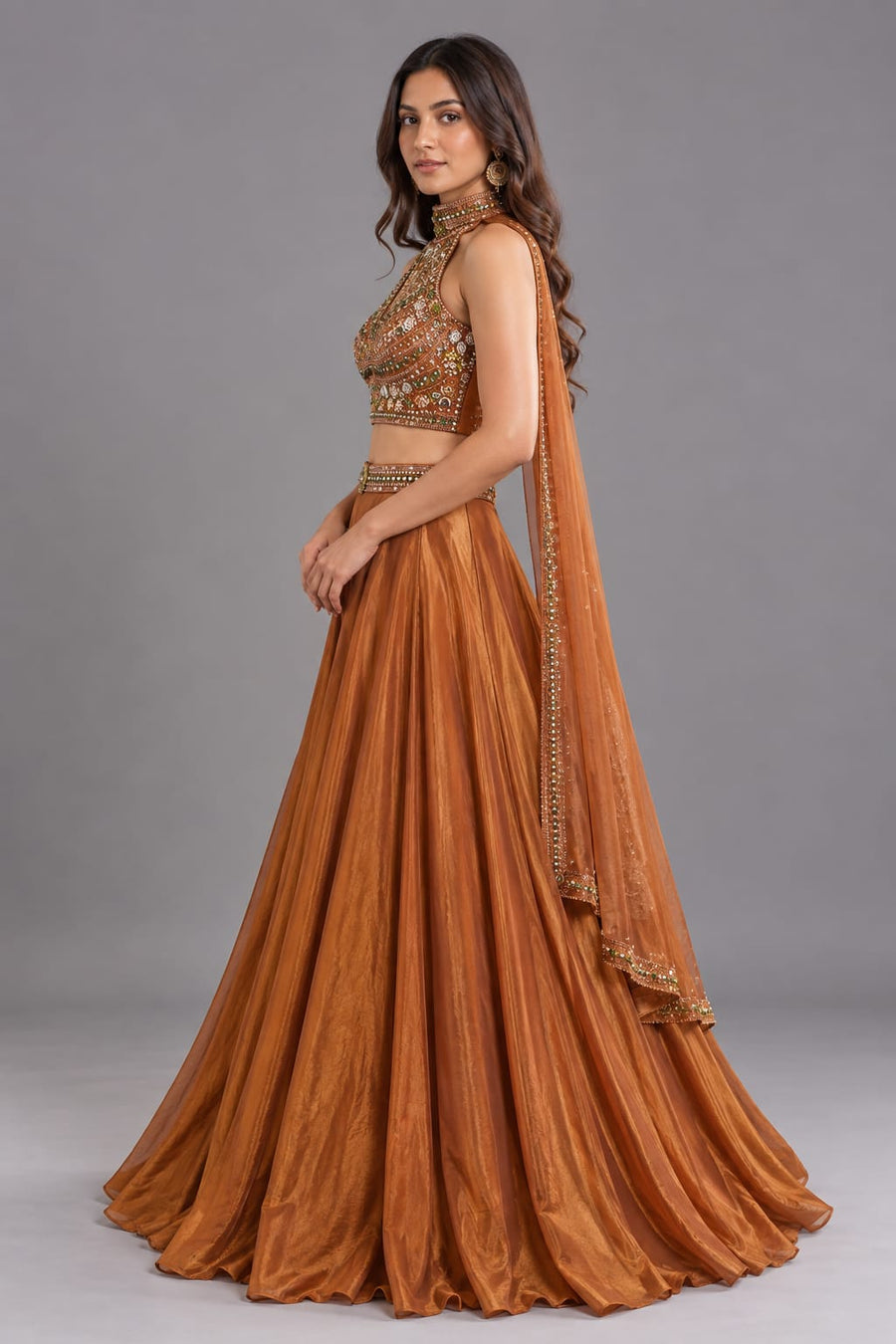 rust Embellished Lehenga Set with Cape Dupatta