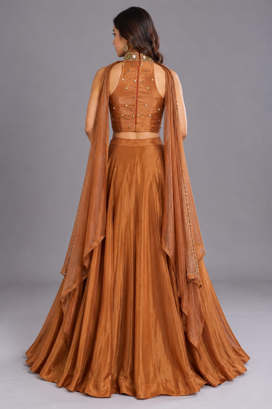 rust Embellished Lehenga Set with Cape Dupatta