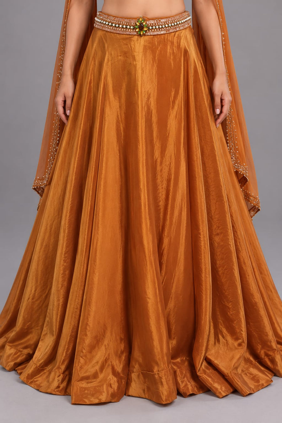 rust Embellished Lehenga Set with Cape Dupatta