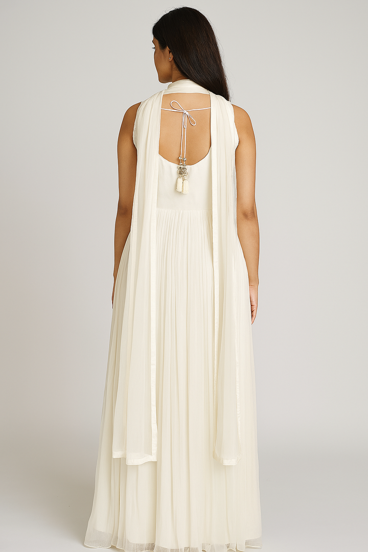 White Anarkali with Dupatta back profile