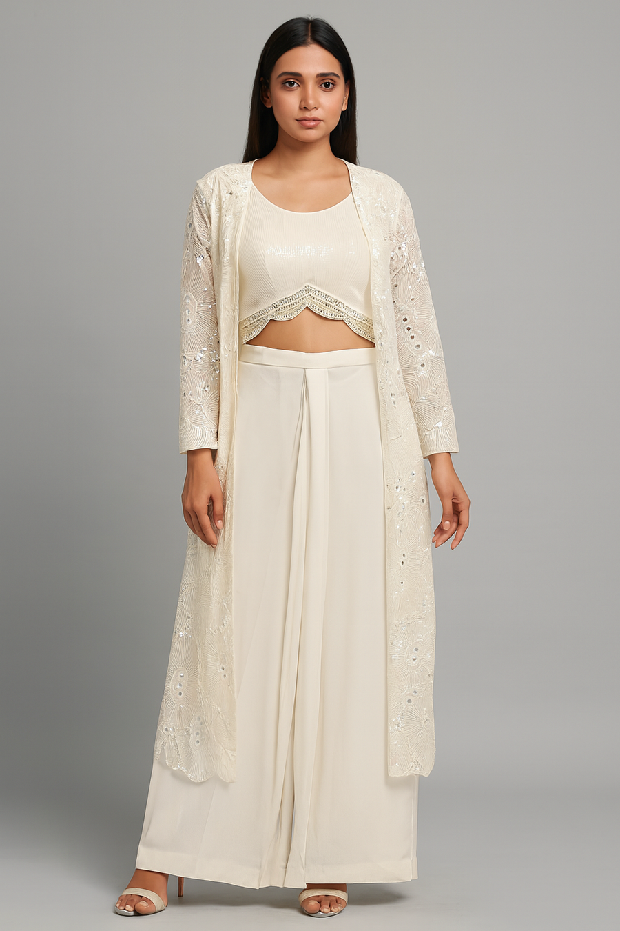 White Crop Top Dhoti with Jacket 