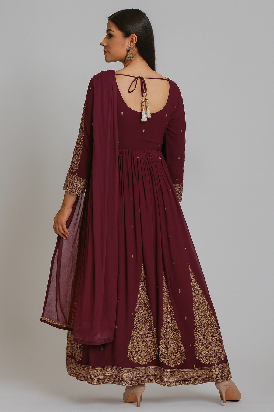 Wine Choli Cut Anarkali with Dupatta back profile