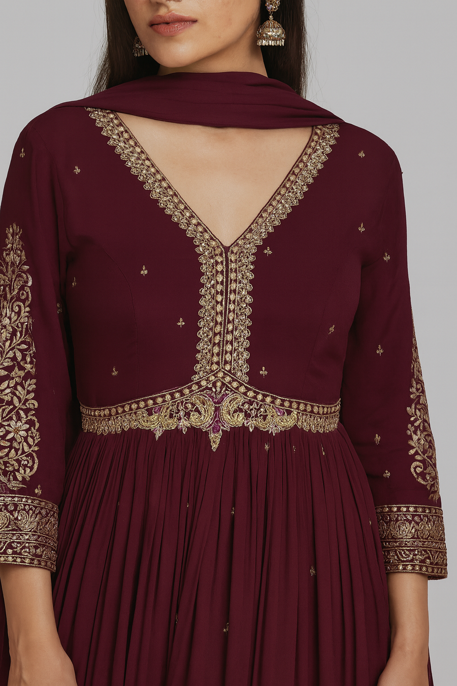 Wine Choli Cut Anarkali with Dupatta front close profile