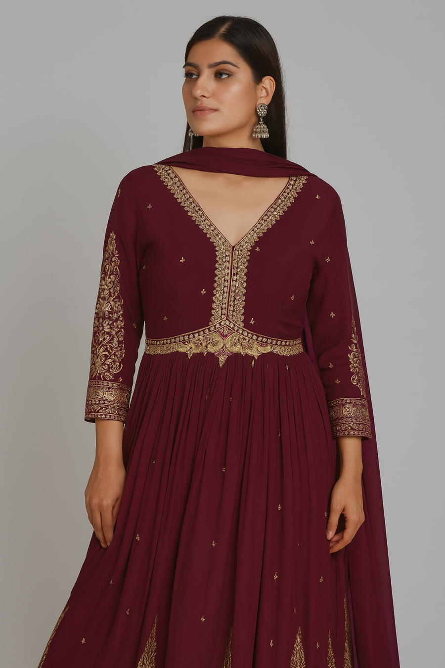 Wine Choli Cut Anarkali with Dupatta side close profile