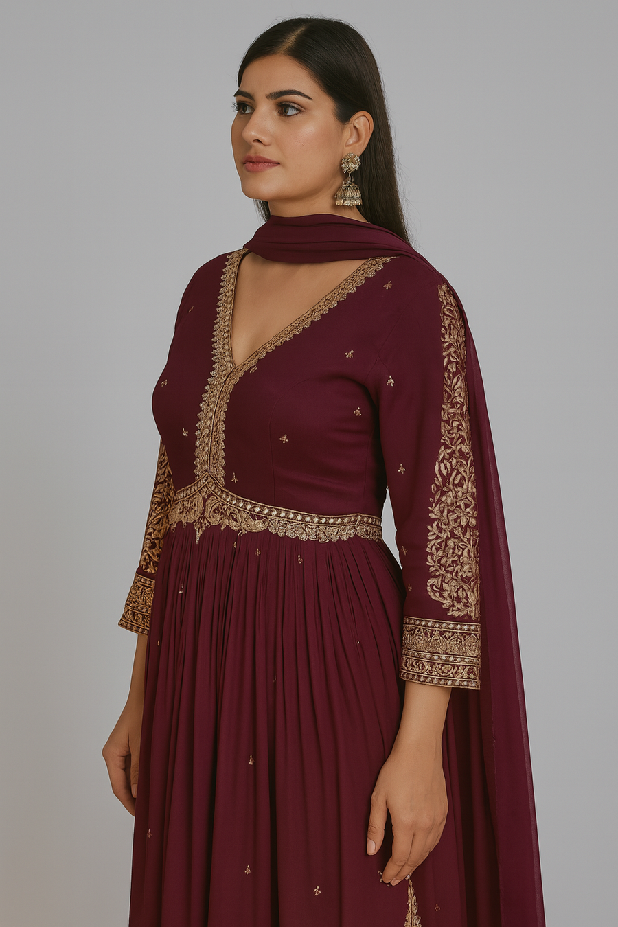 Wine Choli Cut Anarkali with Dupatta side profile