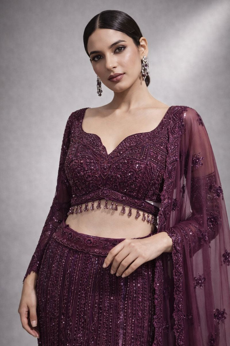 Wine Fish Cut Lehenga 