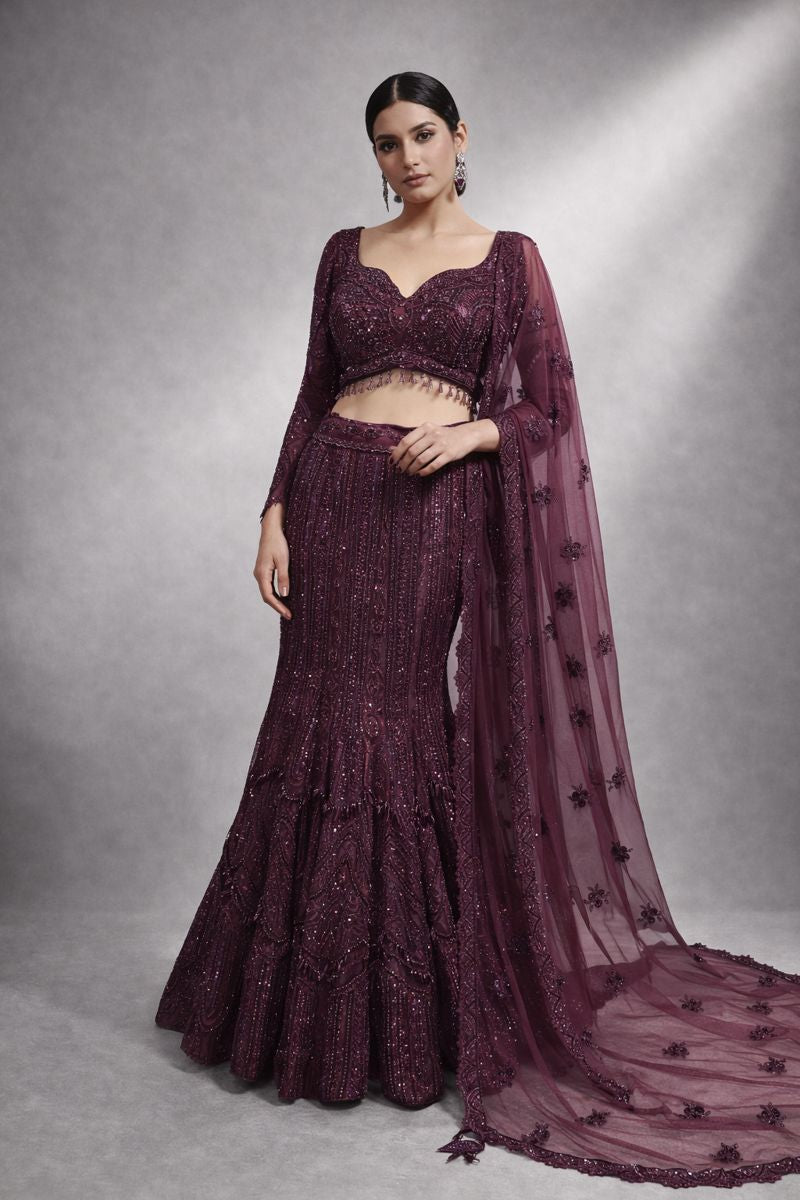 Wine Fish Cut Lehenga 