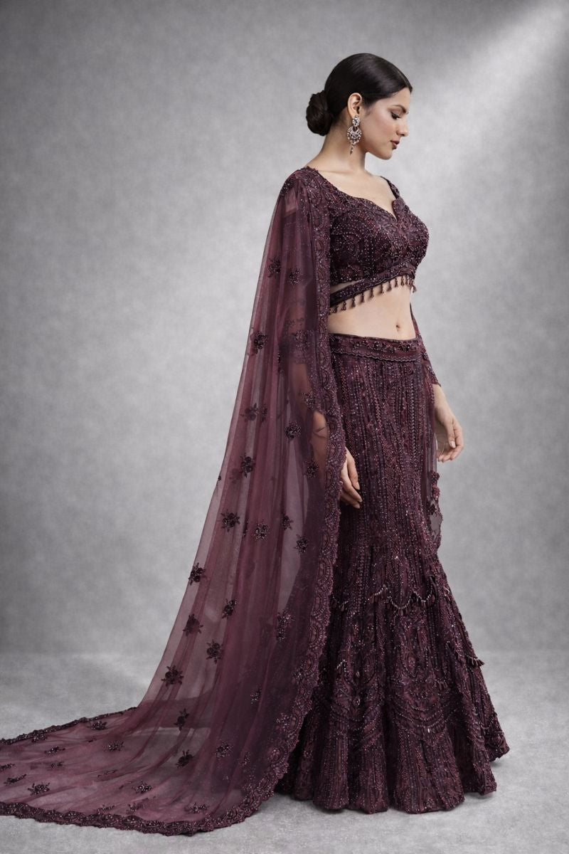 Wine Fish Cut Lehenga 
