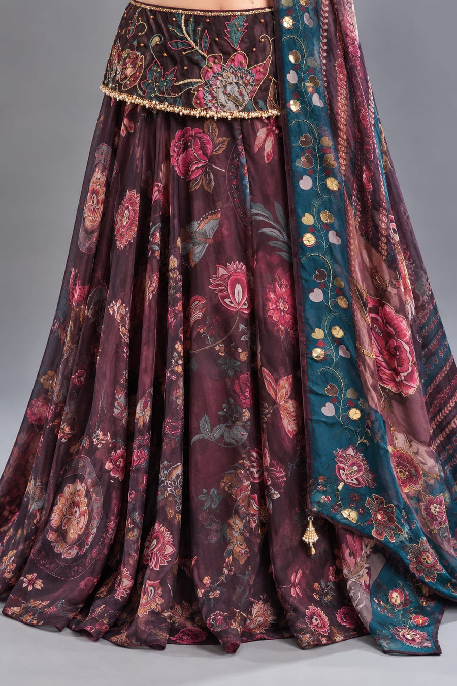 Wine Floral Printed Designer Lehenga with Blouse & Dupatta for Women