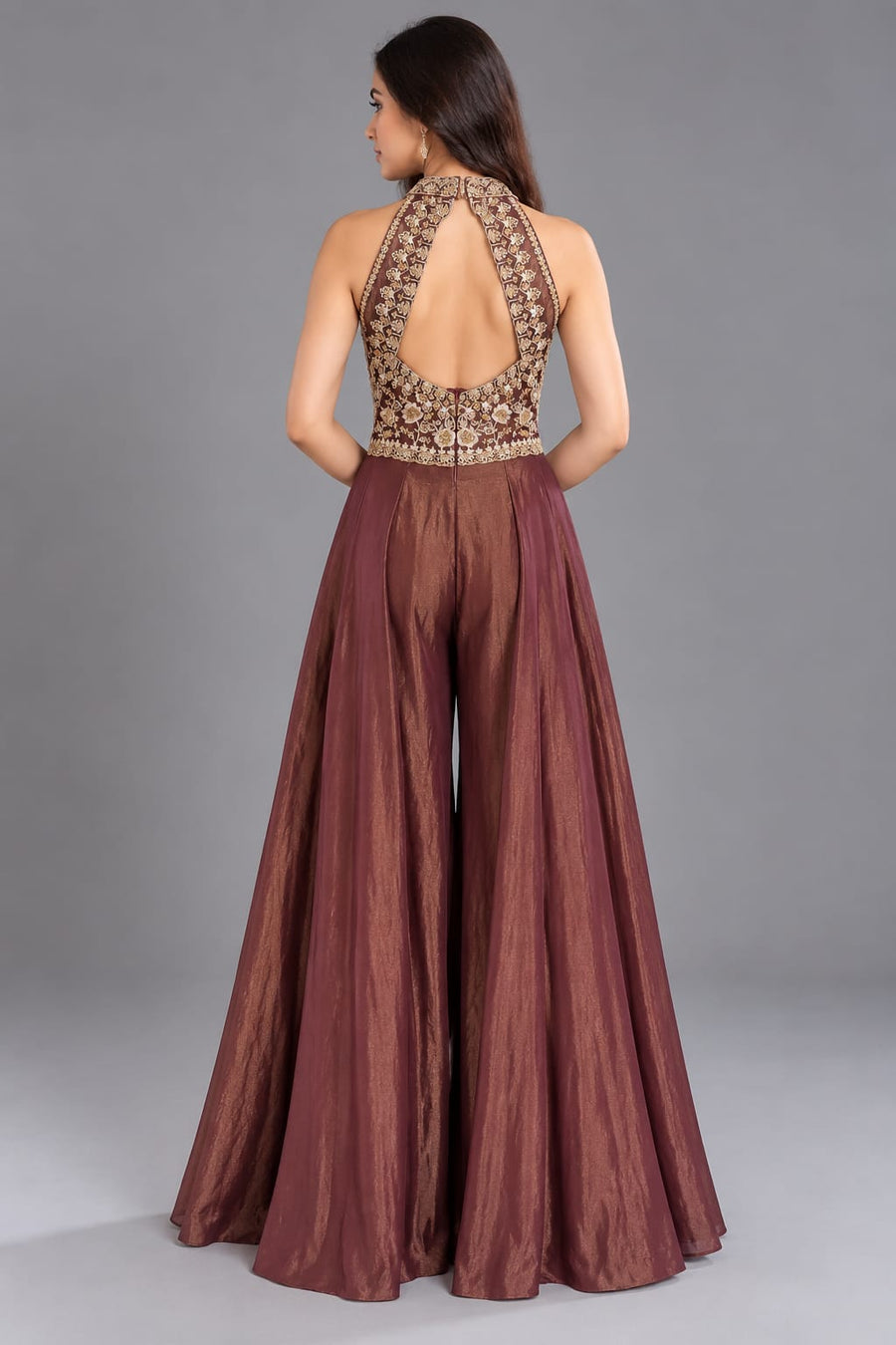 Wine Halter Neck Embroidered Palazzo Set for Women Party Wear
