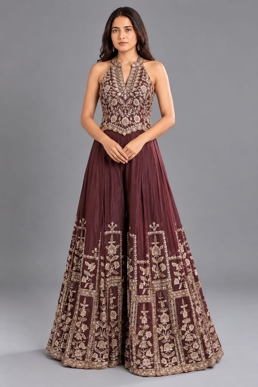 Wine Halter Neck Embroidered Palazzo Set for Women Party Wear