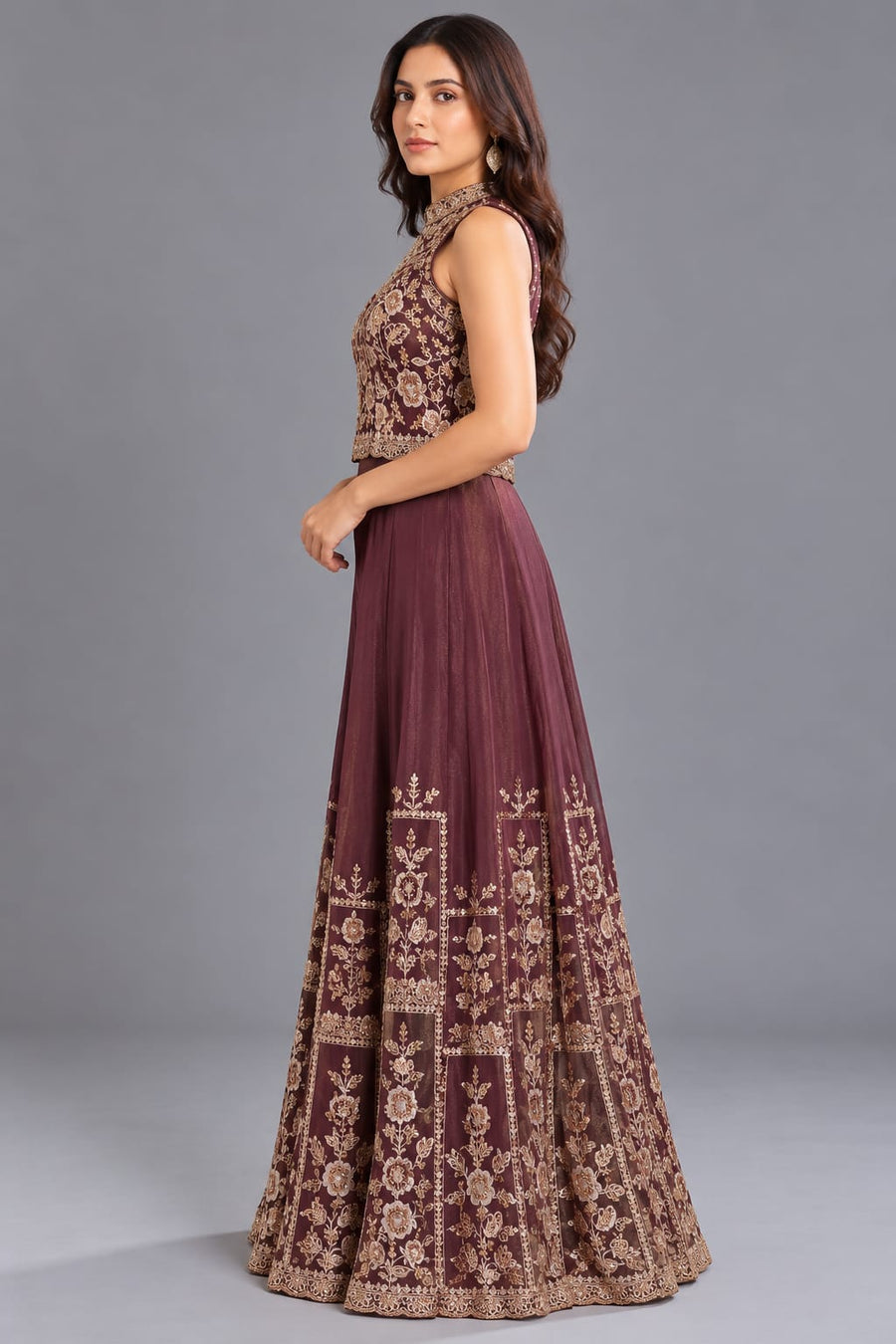Wine Halter Neck Embroidered Palazzo Set for Women Party Wear