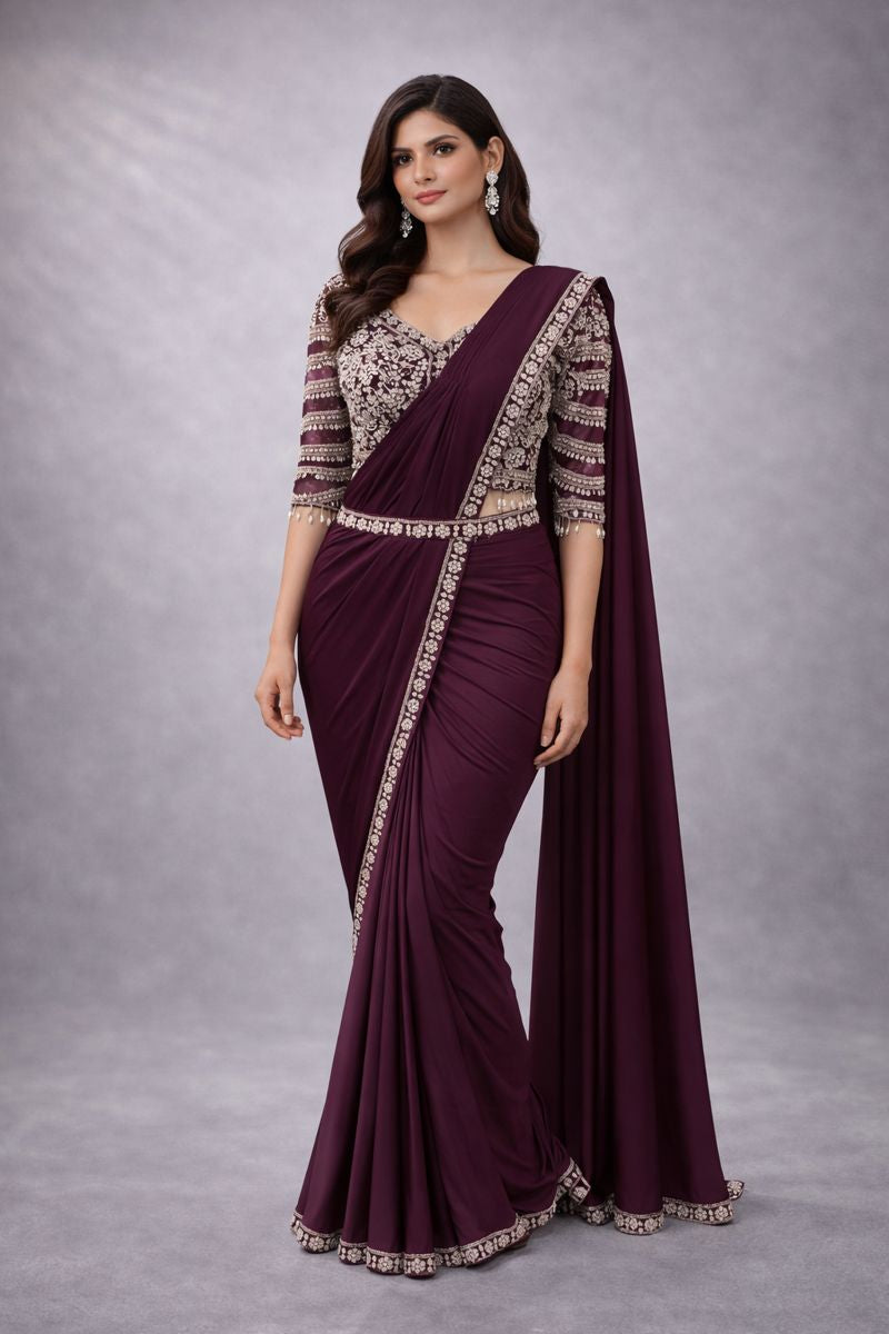 Wine Pre - Drape Saree