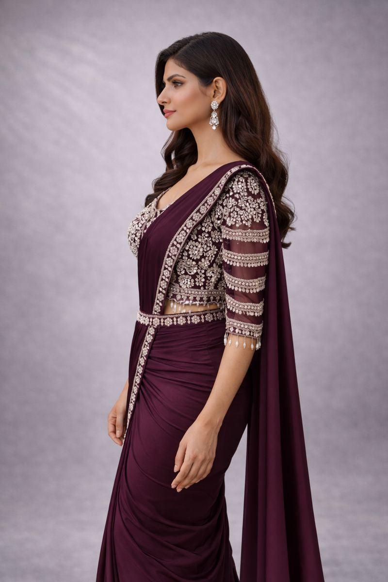 Wine Pre - Drape Saree