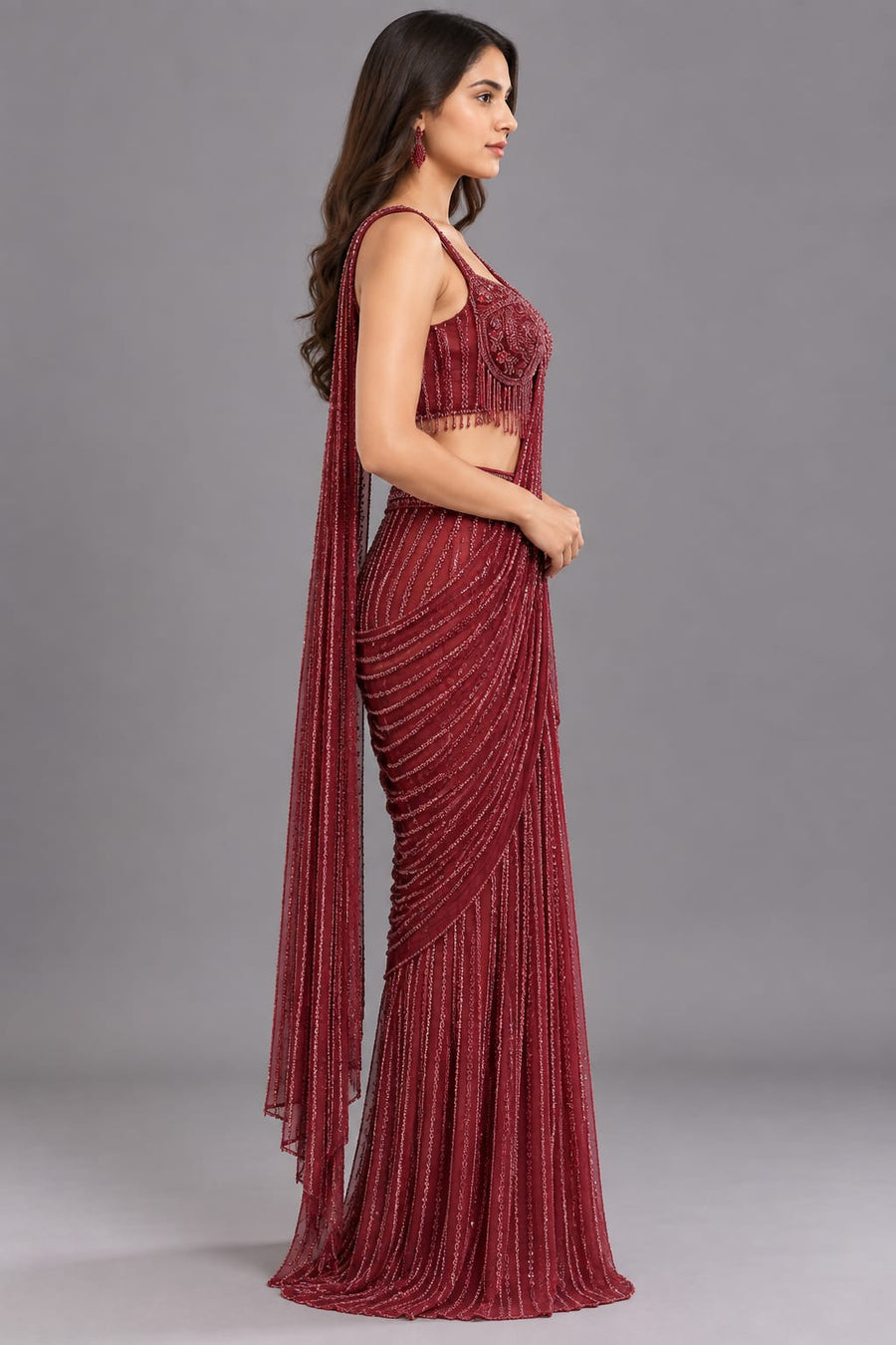 Wine Red Sequin Embellished Drape Saree with Designer Blouse