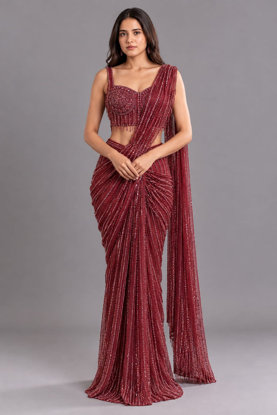 Wine Red Sequin Embellished Drape Saree with Designer Blouse