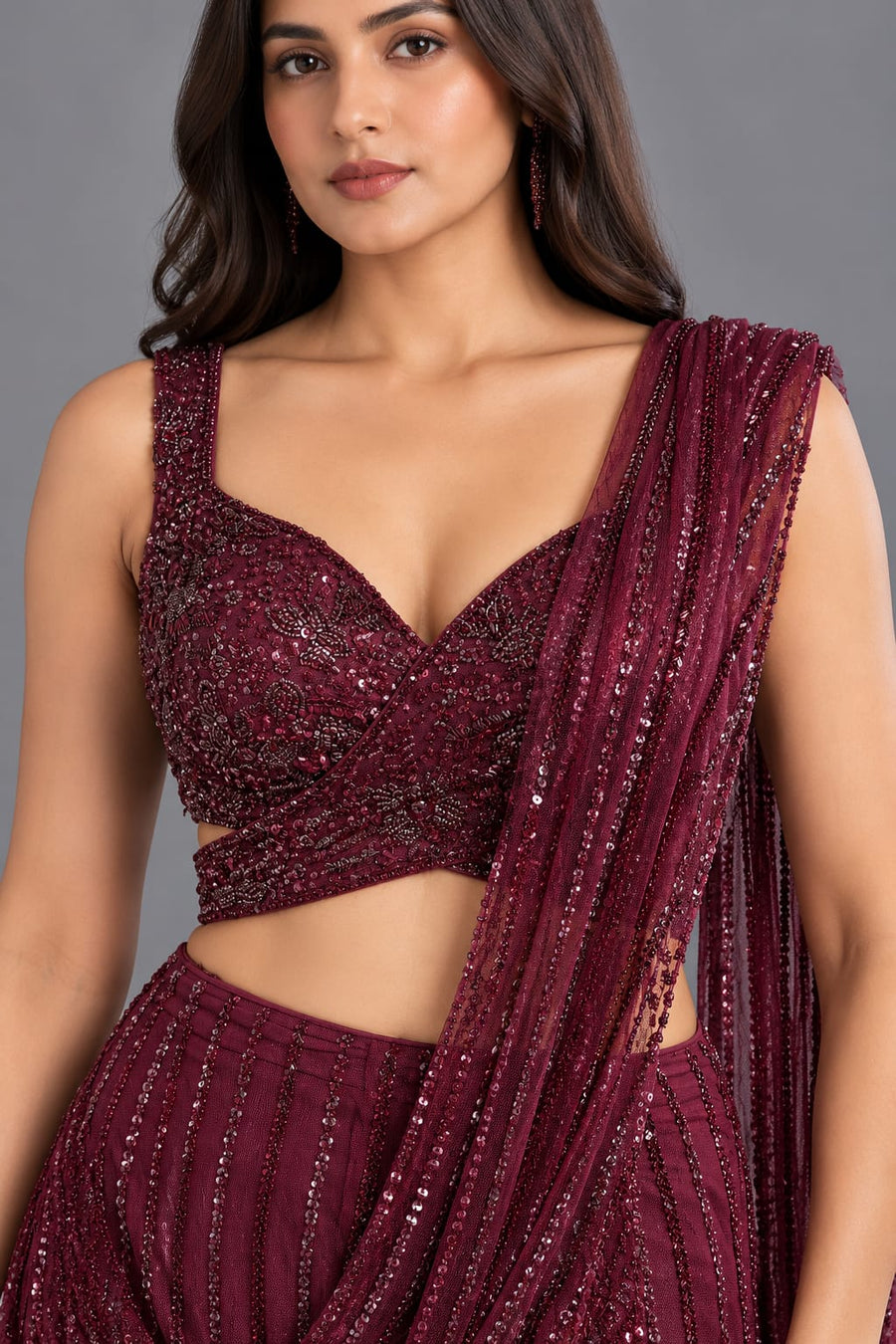 Wine Sequin Drape Saree with Designer Blouse for Cocktail Party