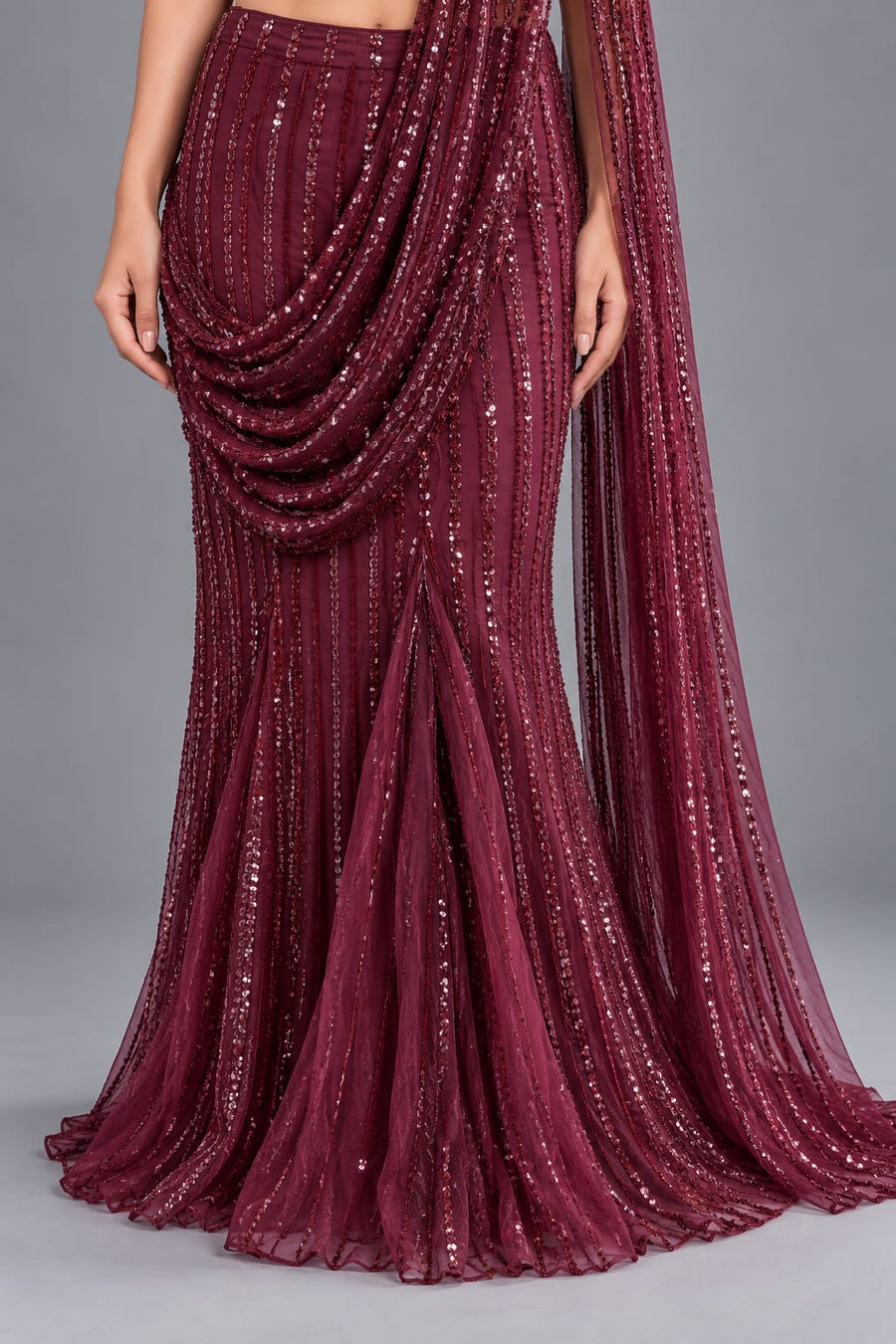 Wine Sequin Drape Saree with Designer Blouse for Cocktail Party