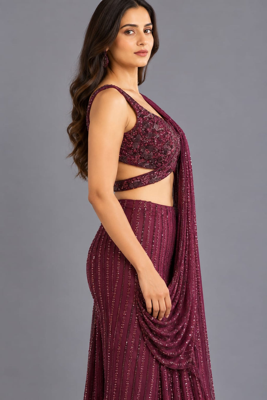 Wine Sequin Drape Saree with Designer Blouse for Cocktail Party