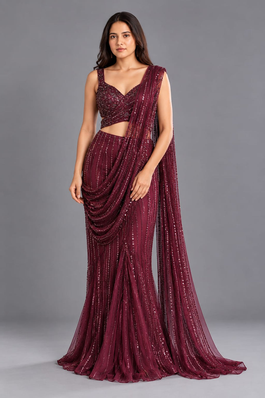 Wine Sequin Drape Saree with Designer Blouse for Cocktail Party