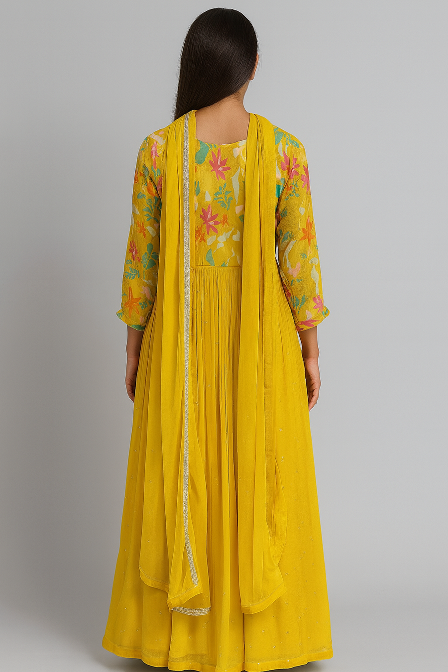 Yellow Alia Cut Anarkali Suit with Dupatta back profile 