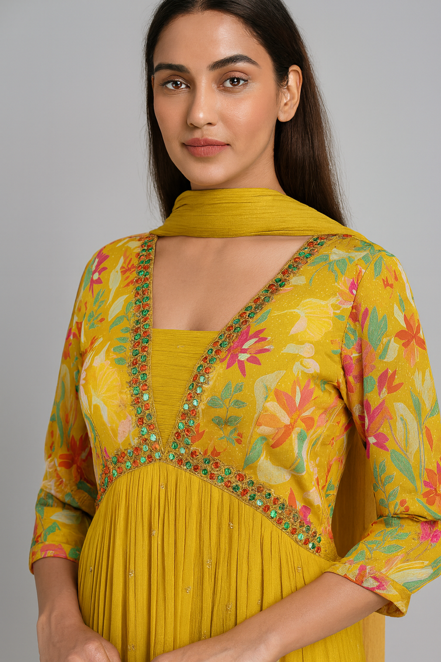 Yellow Alia Cut Anarkali Suit with Dupatta front profile 