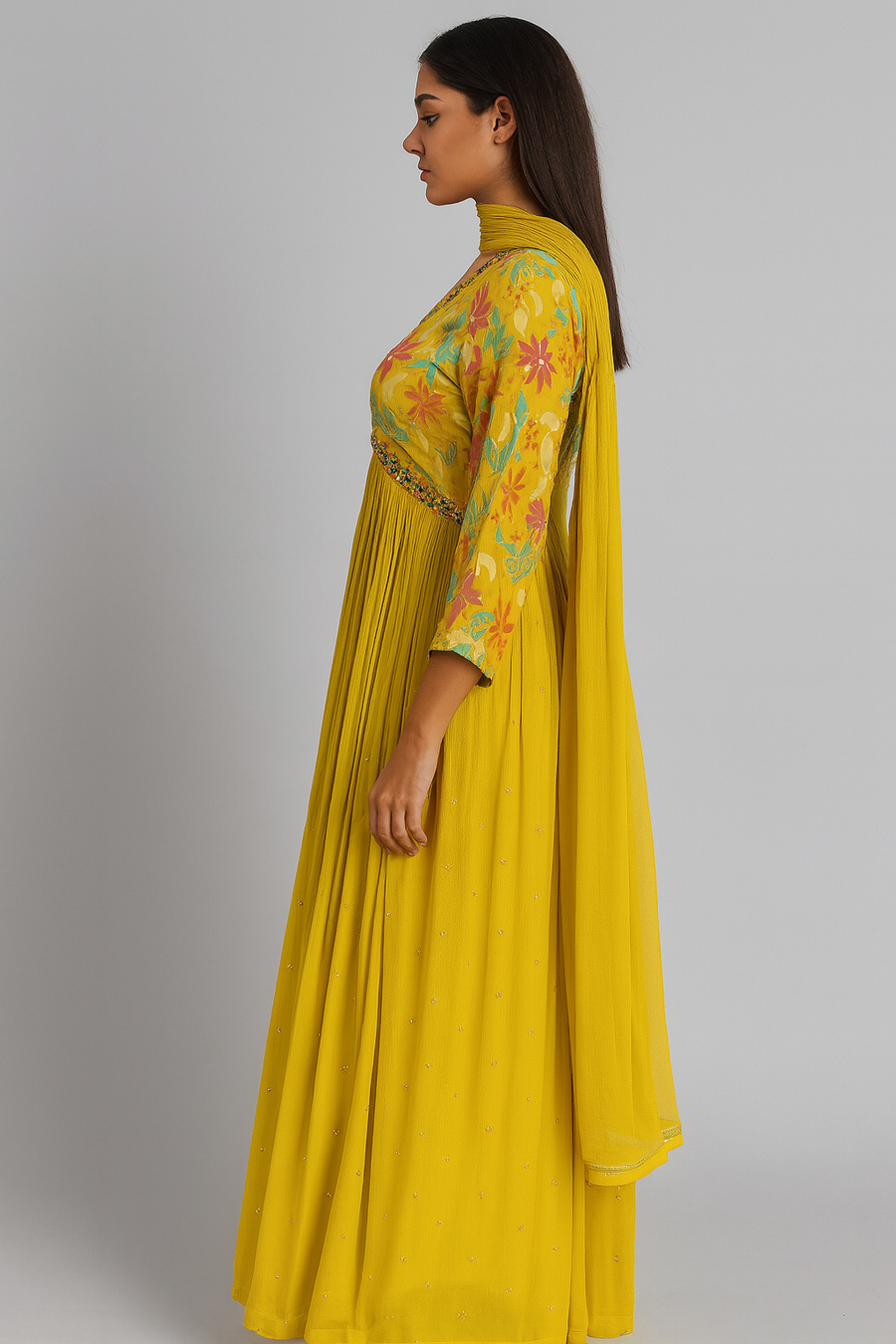 Yellow Alia Cut Anarkali Suit with Dupatta side profile 