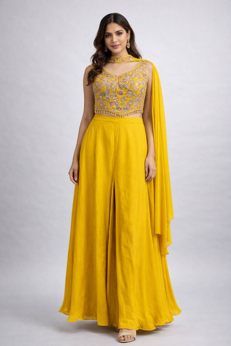 Yellow Crop Top With Sharara 