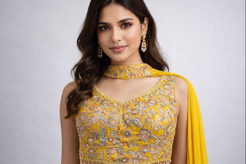 Yellow Crop Top With Sharara 