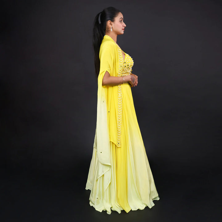 Yellow Ivory Crop Top Skirt with Shrug-Vastrachowk