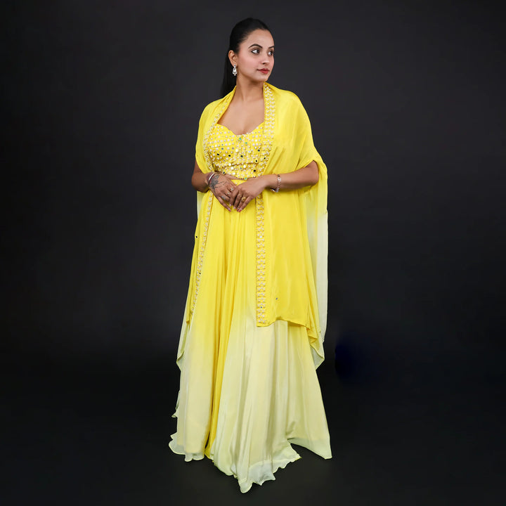 Yellow Ivory Crop Top Skirt with Shrug