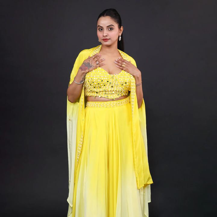 Yellow Ivory Crop Top Skirt with Shrug