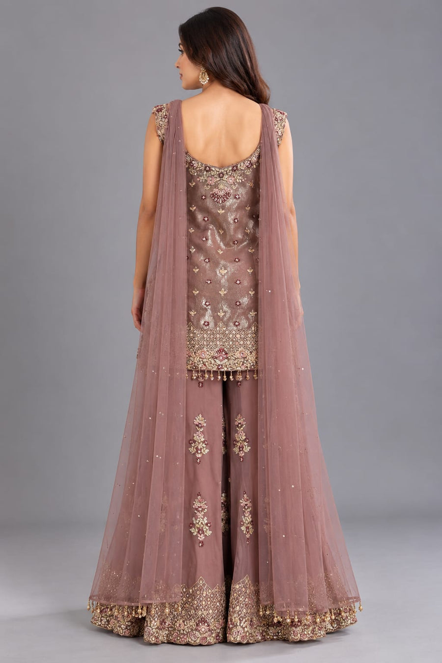 Dusty Mauve Embroidered Peplum Sharara Set with Choker Dupatta