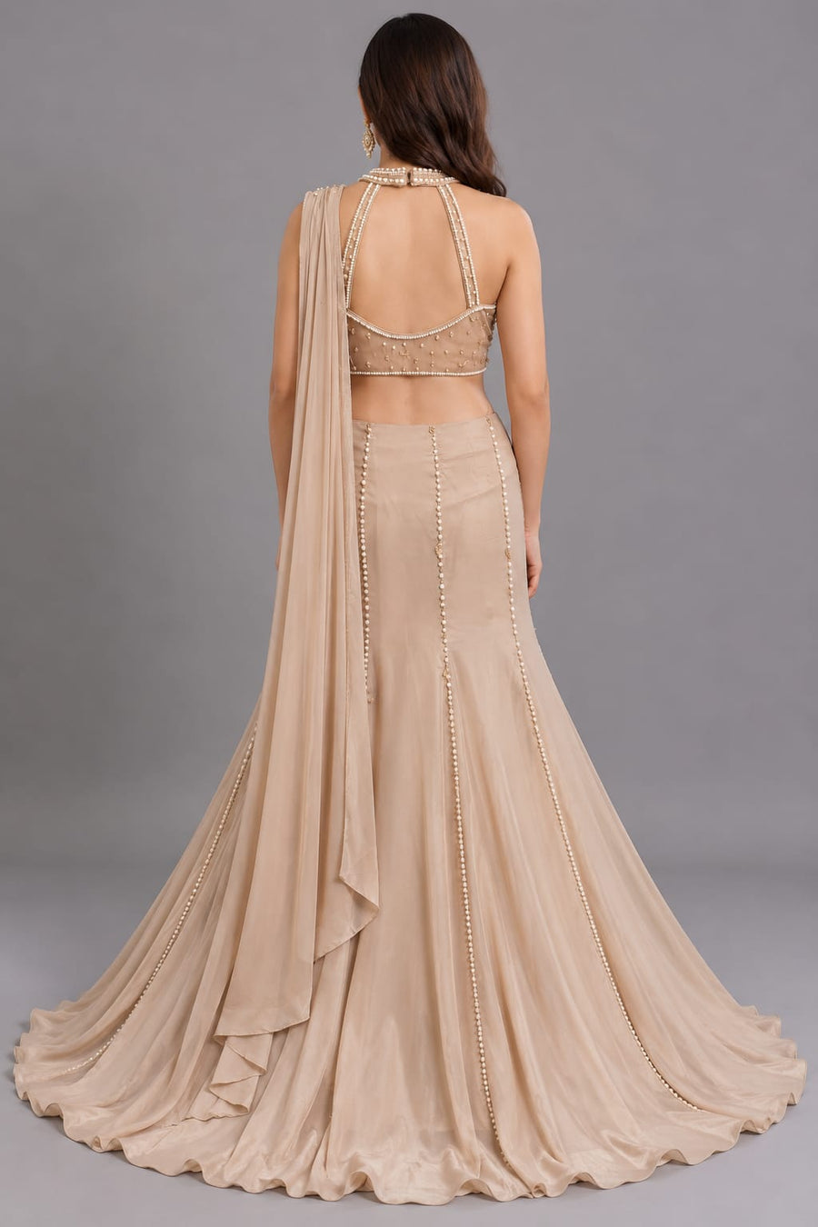 Champagne Beige Pearl Embellished Designer Drape Saree with Halter Neck Blouse