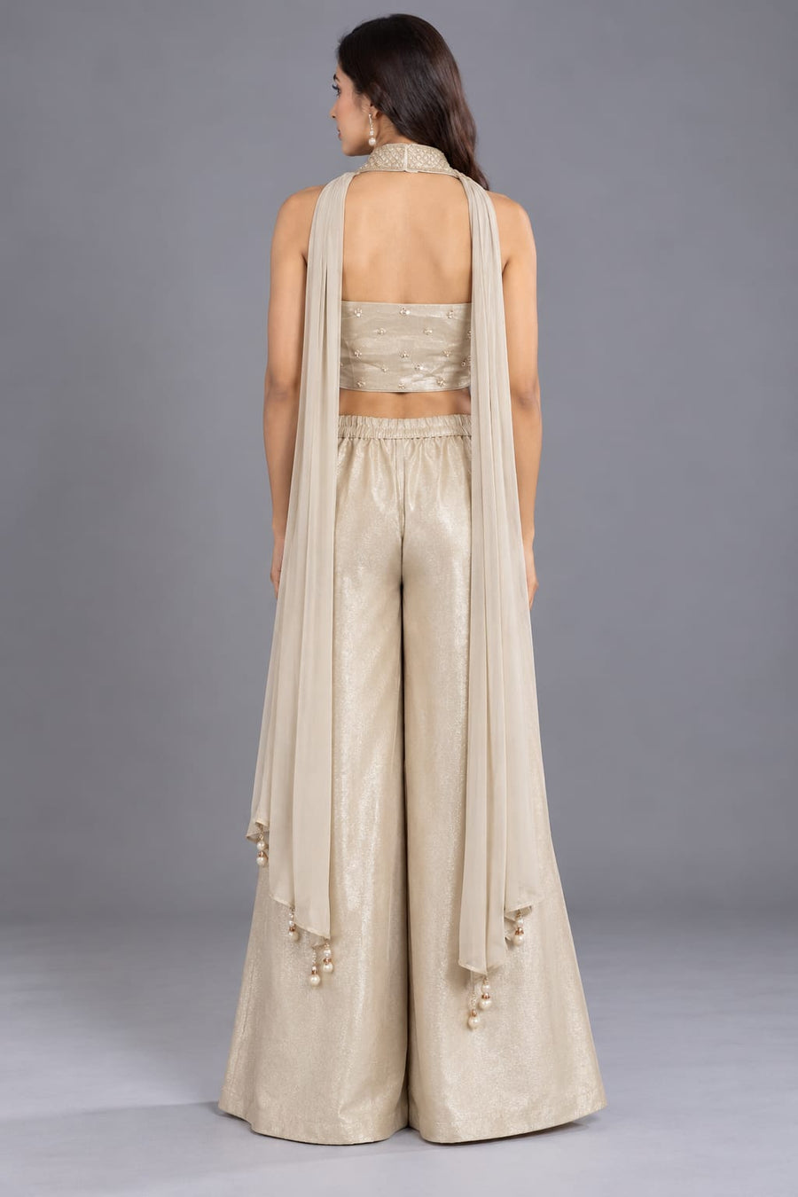 Ivory Embroidered Halter Crop Top with Palazzo and Choker Dupatta