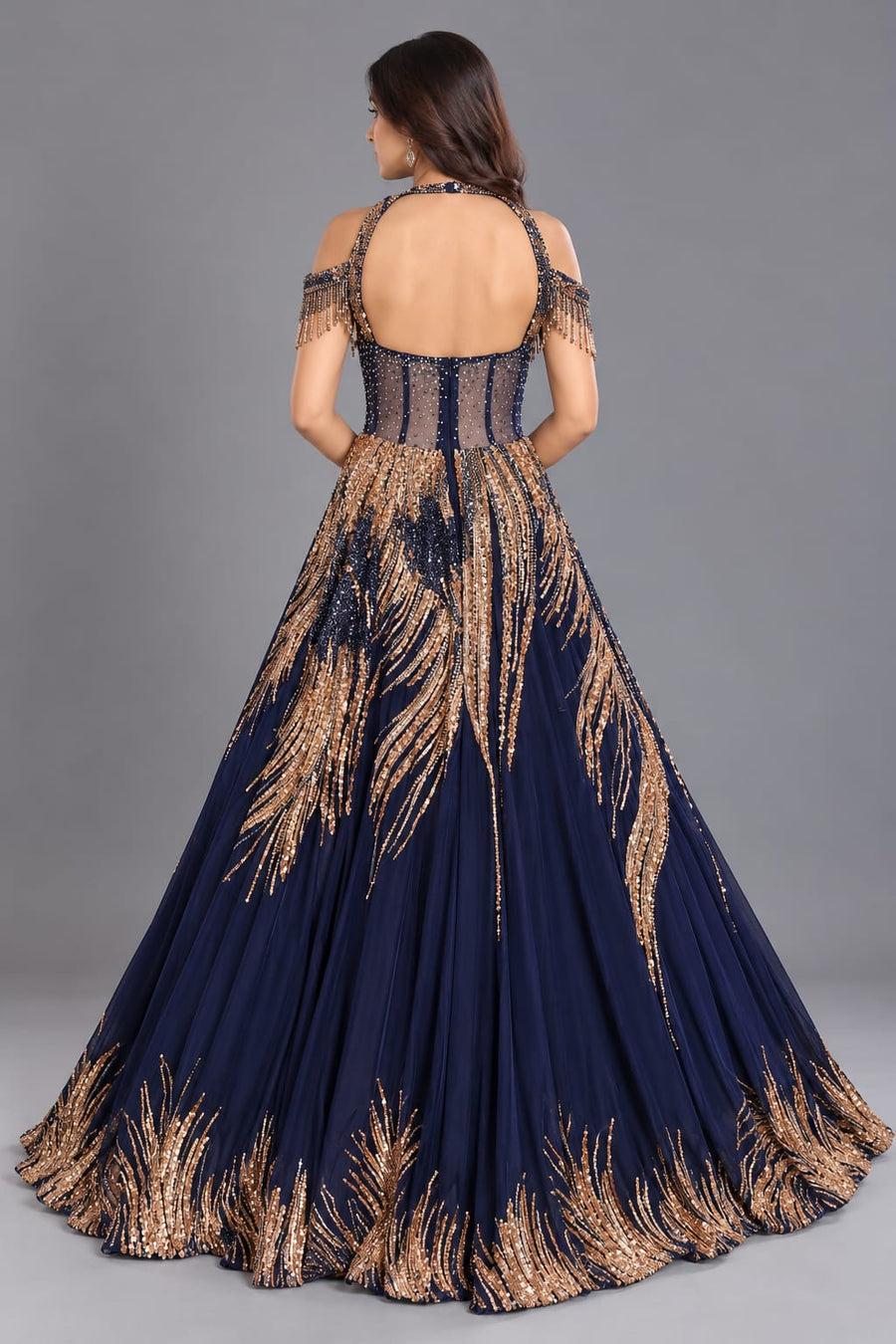 Navy Blue Designer Gown with Golden Sequin Work & Cold Shoulder