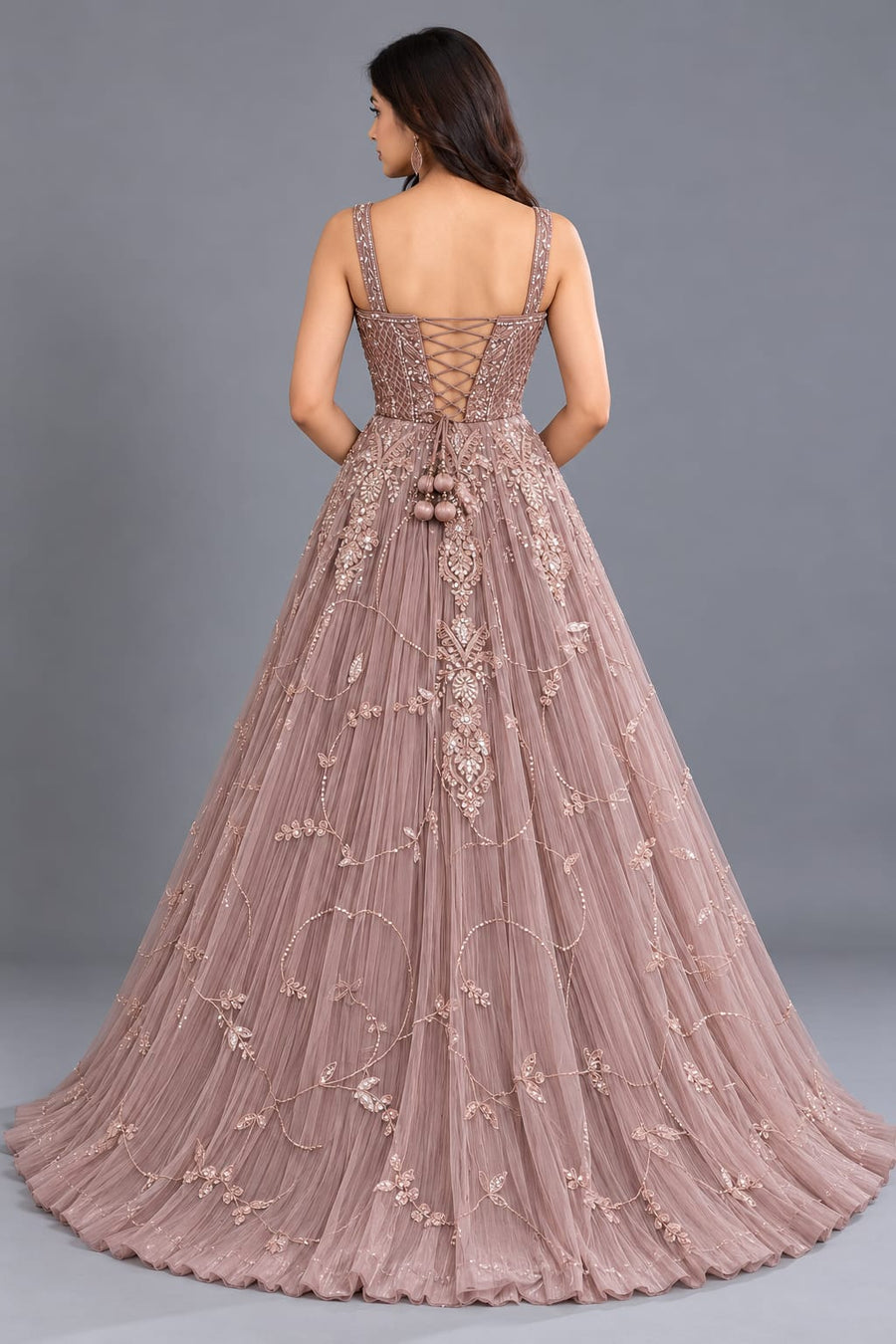 Dusty Rose Embroidered Net Gown with Sweetheart Neckline