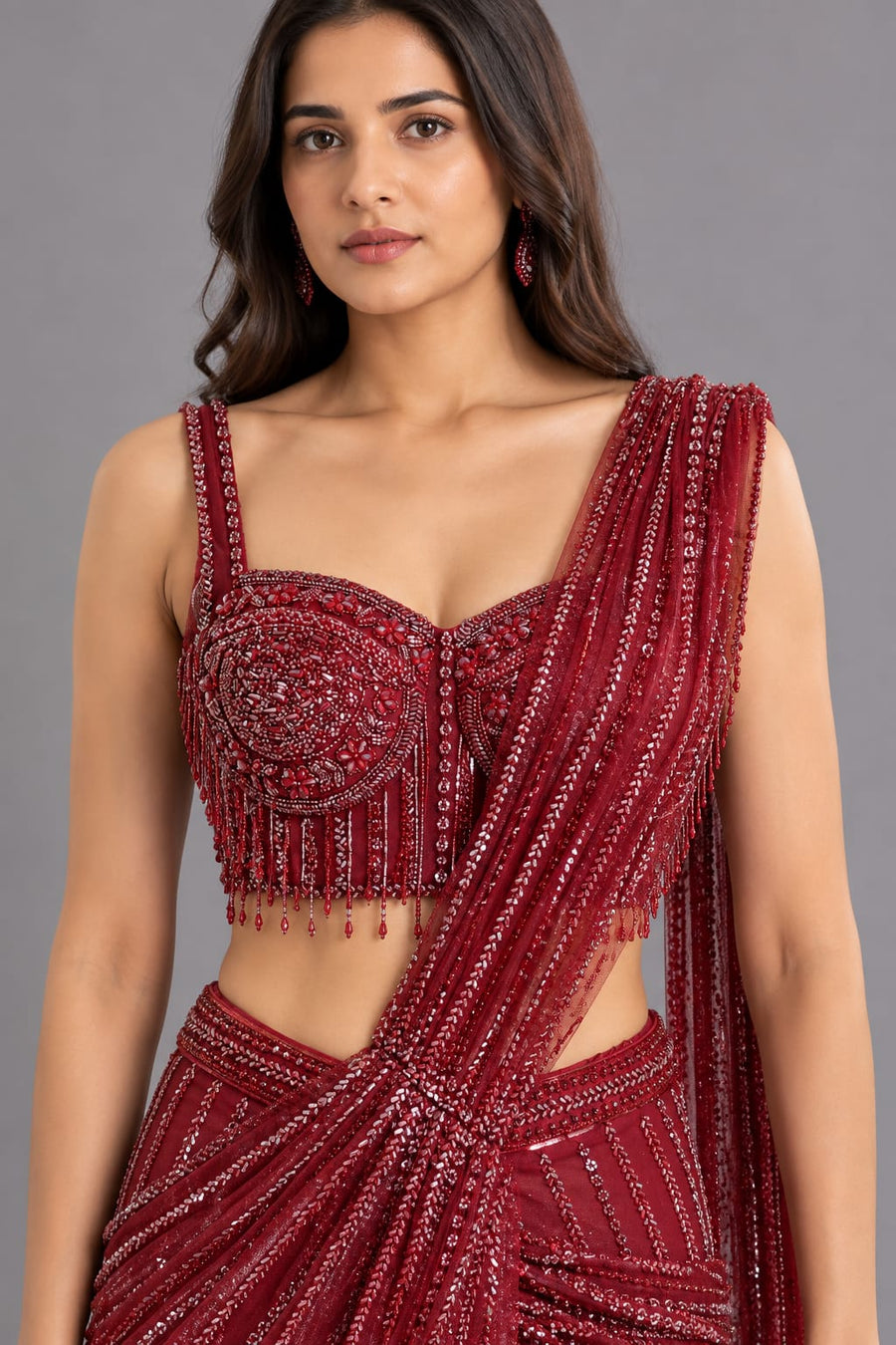 Wine Red Sequin Embellished Drape Saree with Designer Blouse