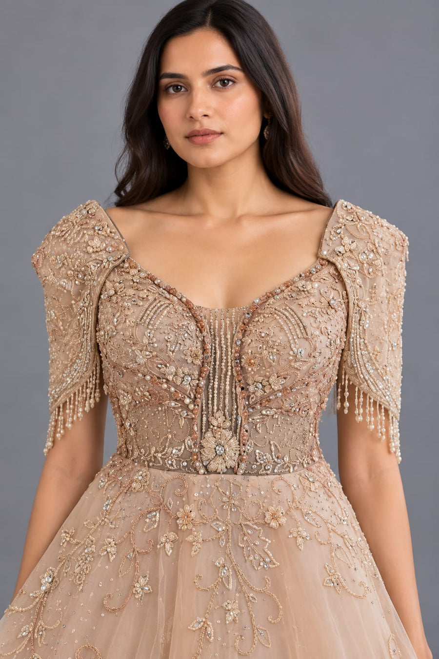Designer Chiku Embroidered A-Line Gown with Pearl Work for Engagement