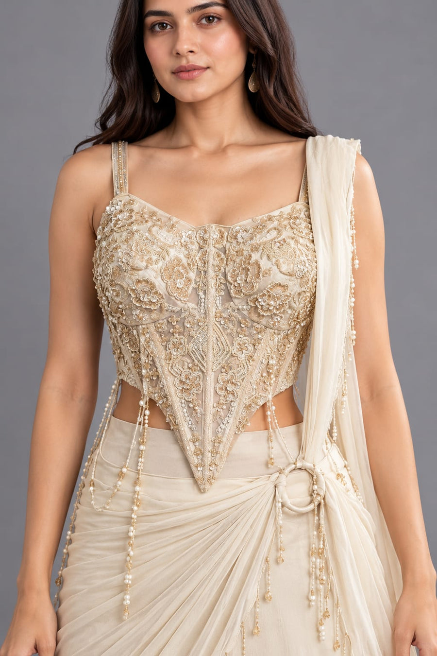 Ivory Drape Saree with Embroidered Corset Blouse for Women | Vastrachowk