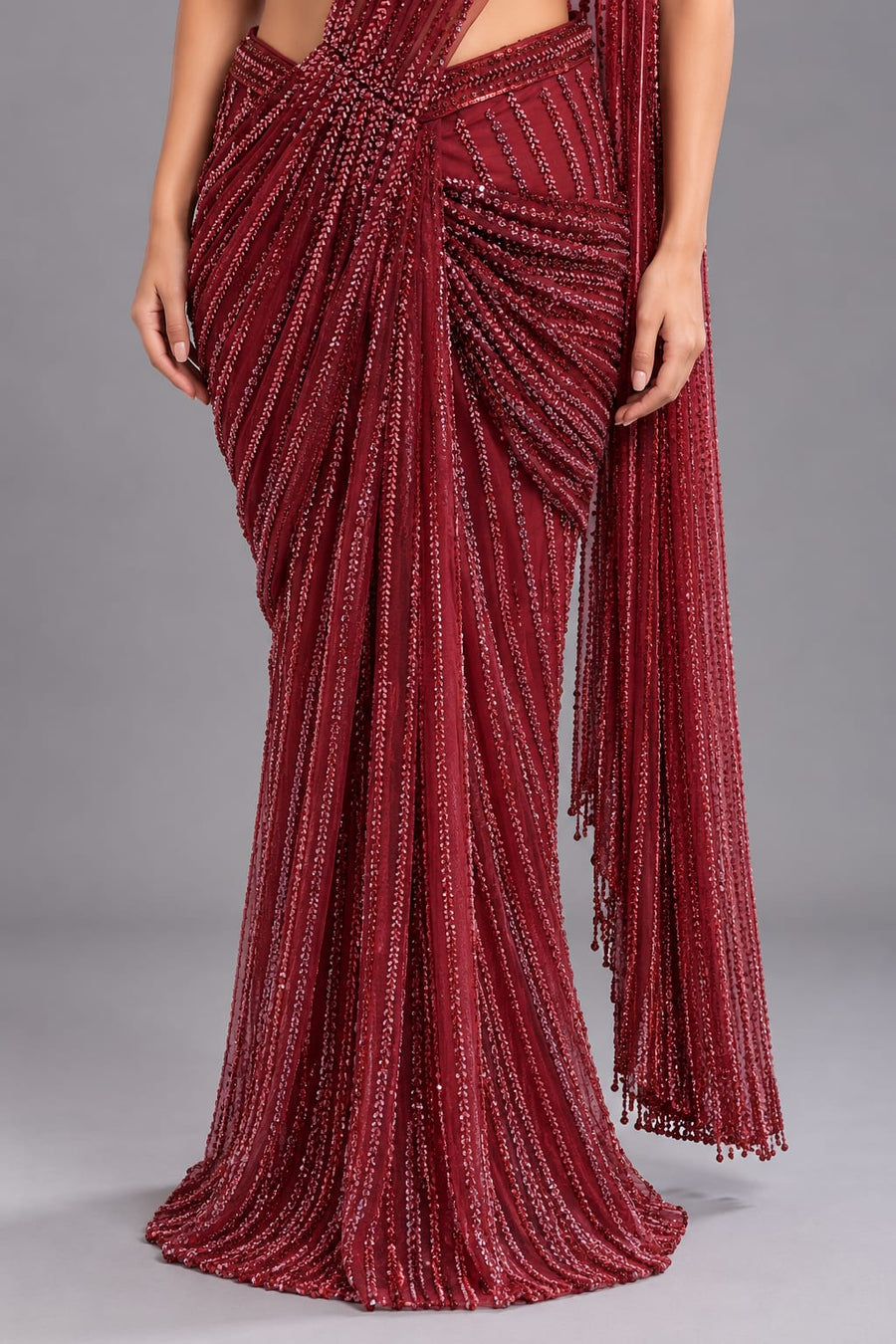 Wine Red Sequin Embellished Drape Saree with Designer Blouse