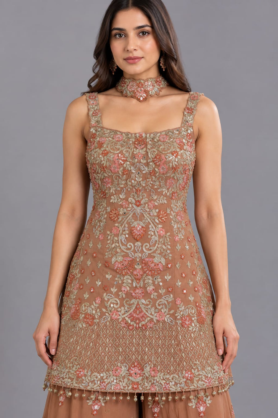 Peach Embroidered Sharara Suit with Dupatta for Wedding Functions