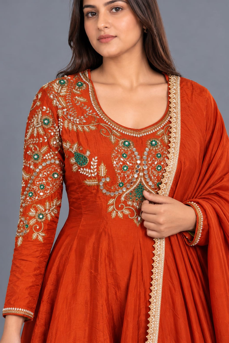 Rust Orange Embroidered Anarkali Suit with Dupatta and Pants