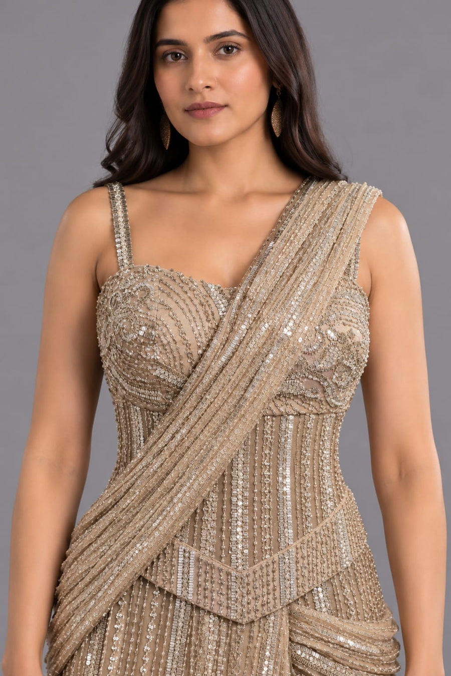 Champagne Gold Sequin Embellished Drape Saree Gown for Women | Vastrachowk