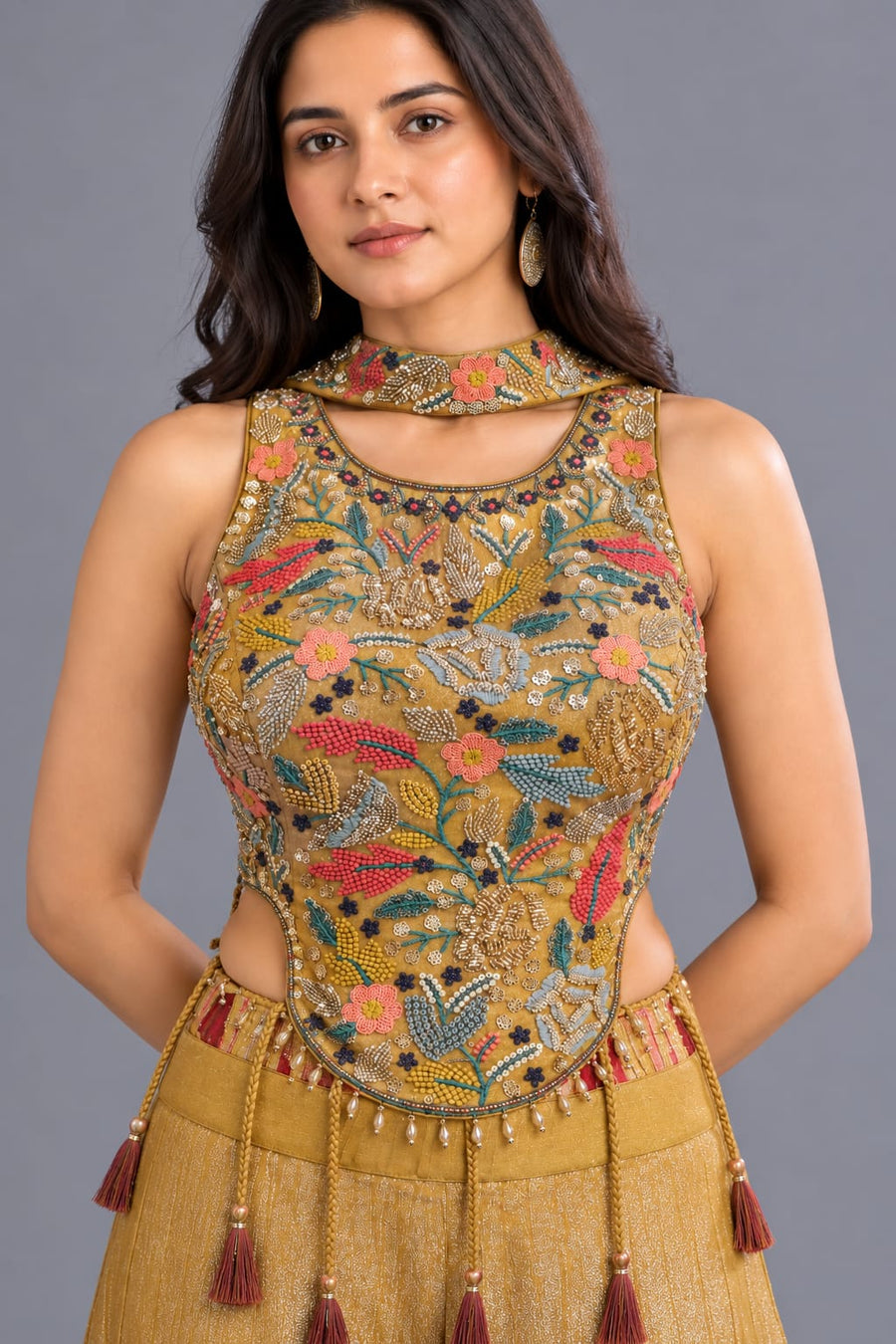 Mustard Gold Embroidered Corset Top with Flared Sharara Pants