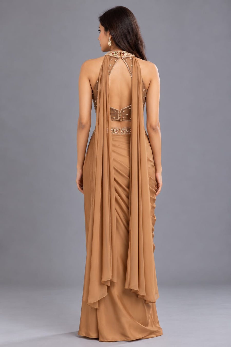 Gold Embellished Halter Neck Blouse with Draped Dhoti Skirt Set
