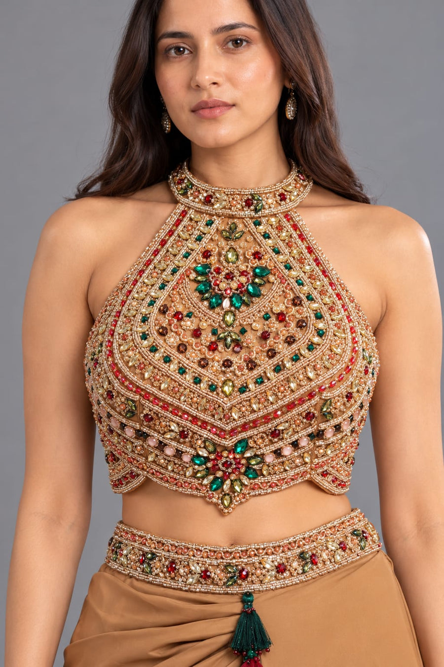 Gold Embellished Halter Neck Blouse with Draped Dhoti Skirt Set