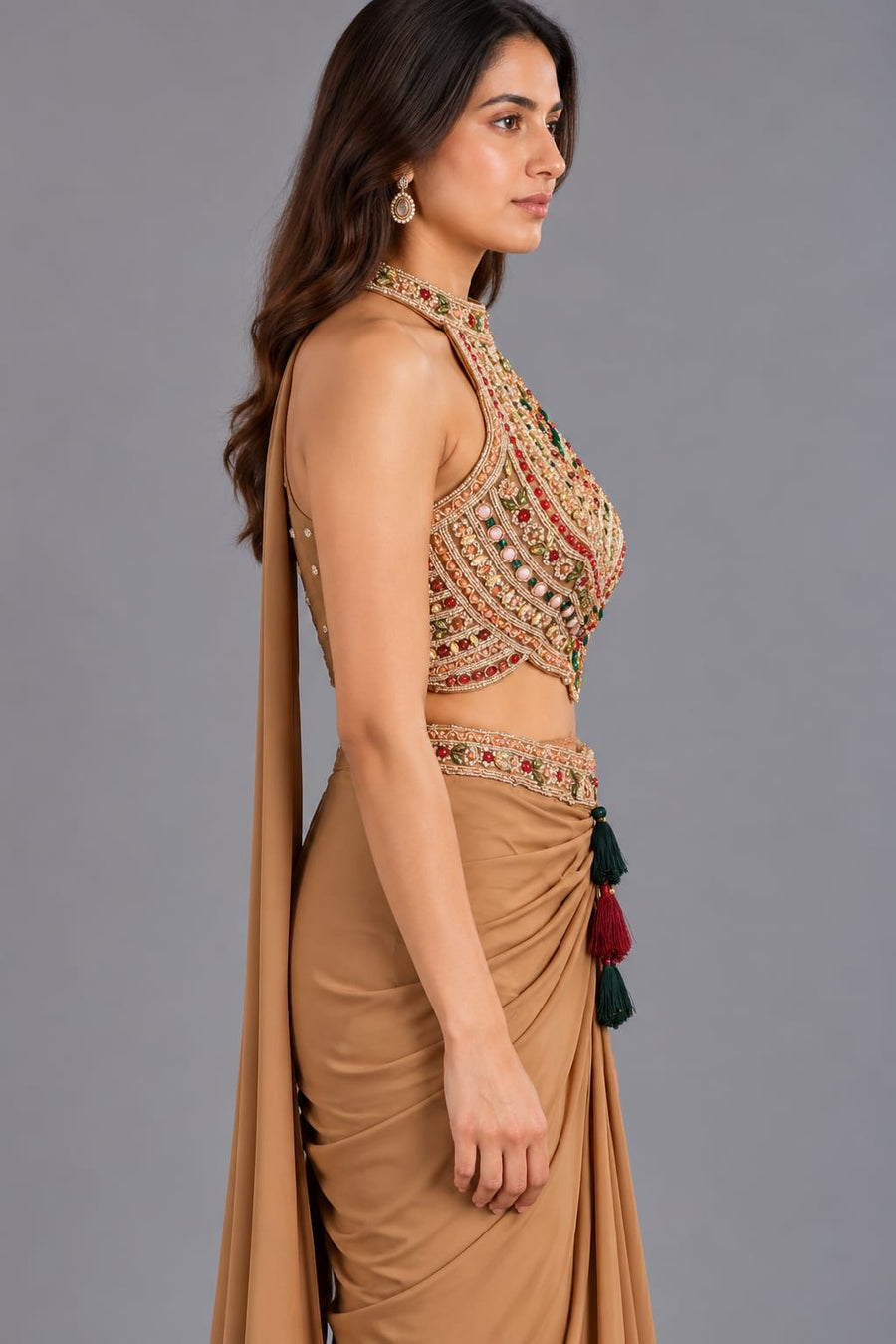Gold Embellished Halter Neck Blouse with Draped Dhoti Skirt Set