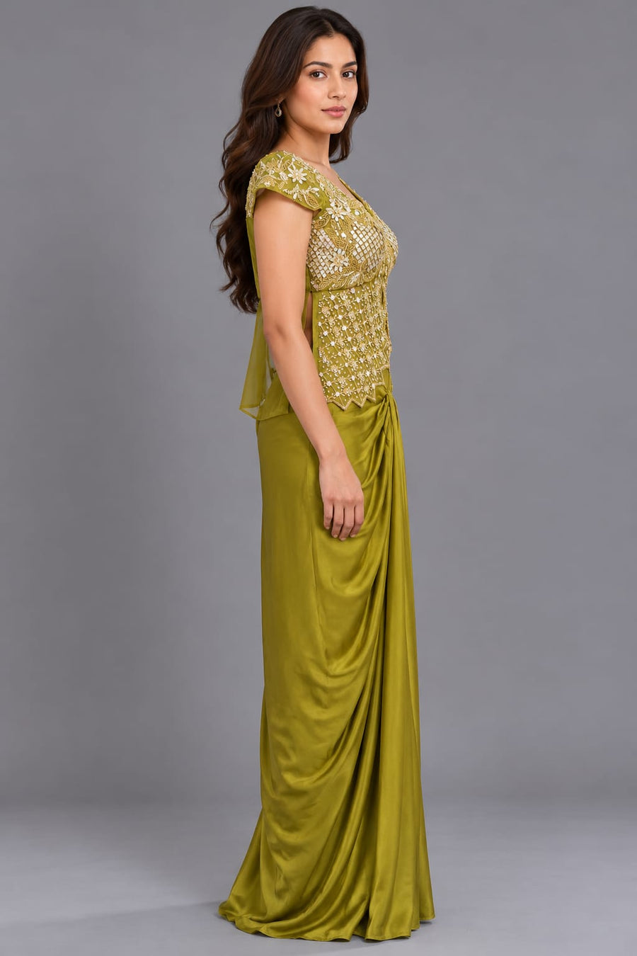 Olive Green Embroidered Dhoti Set with Mirror Work and Cap Sleeves